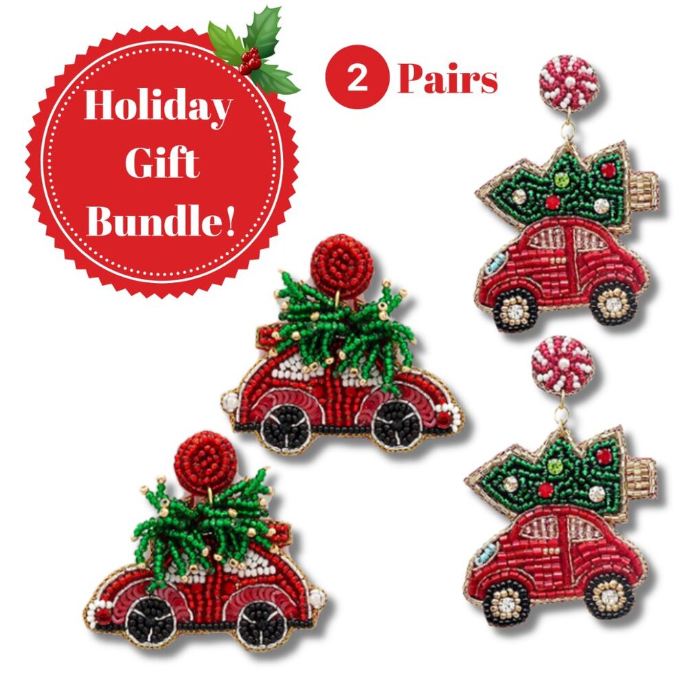 HOLIDAY GIFT BUNDLE - 2 Pairs Christmas Tree Car Ride Earrings - Beaded - NEW